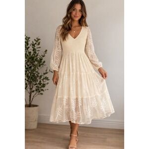 Cream V-Neck Long Sleeve Lace Midi Dress